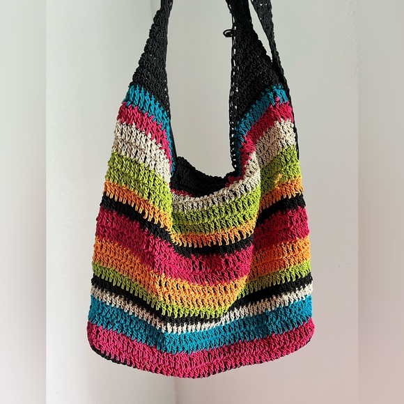 Y2K Colorful Striped Crochet Shoulder Bag - Picture 3 of 5